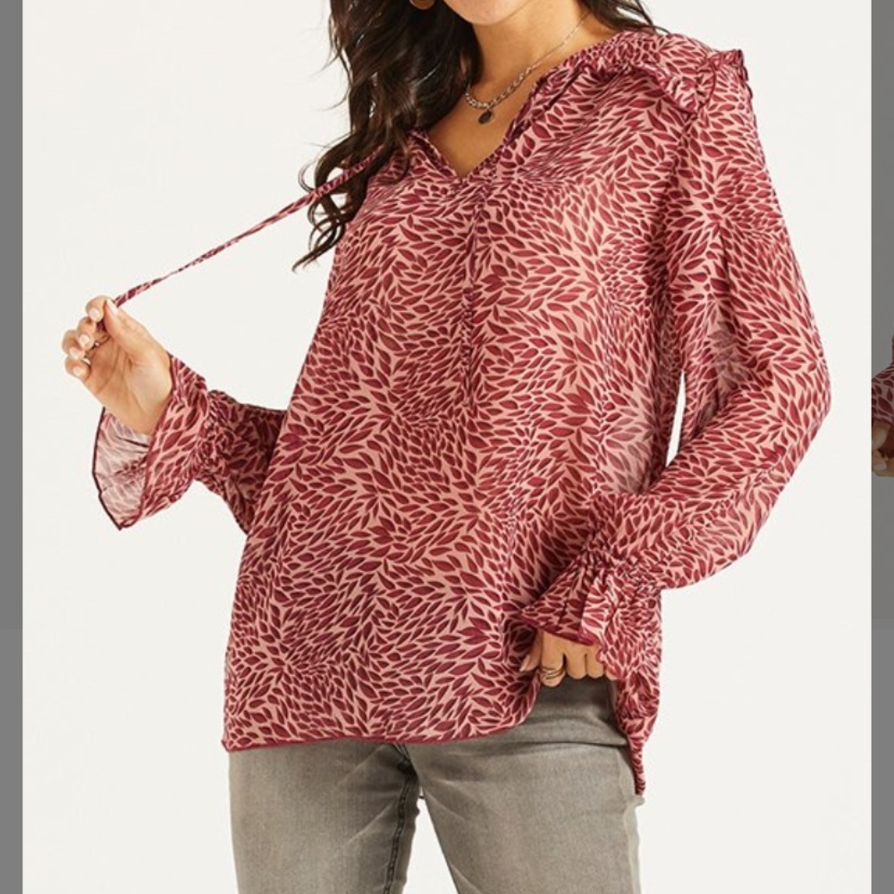 Pink Abstract Ruffle Accent Notch Neck Top, S